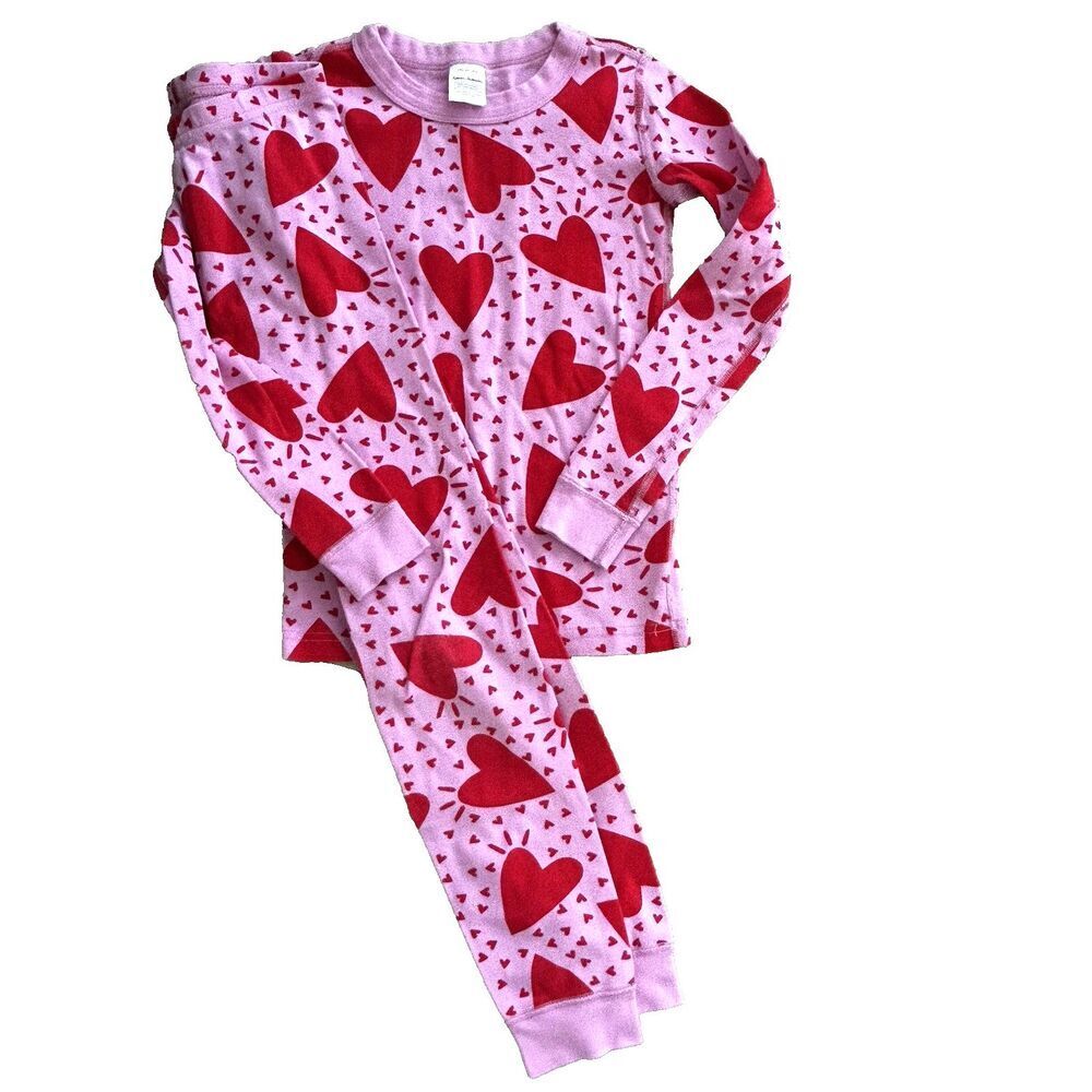 Hanna Andersson Girls Pajamas Size 8 US 130 Pink Red Heart Print Top Pants PJs